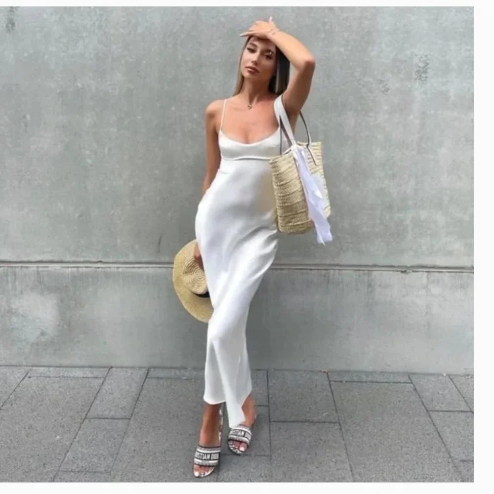ZARA WHITE SATIN EFFECT CUT OUT BACK MIDI MAXI SLIP DRESS_4